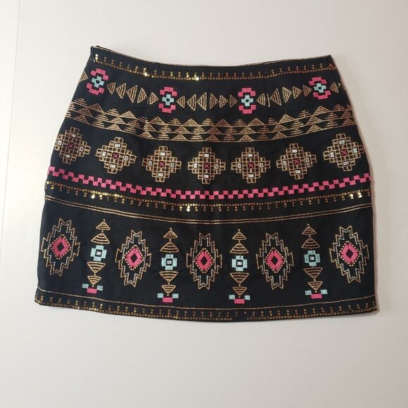Miami Brand Embroidered Tribal Print Mini Skirt Women’s Medium Black Multicolor - Picture 15 of 16